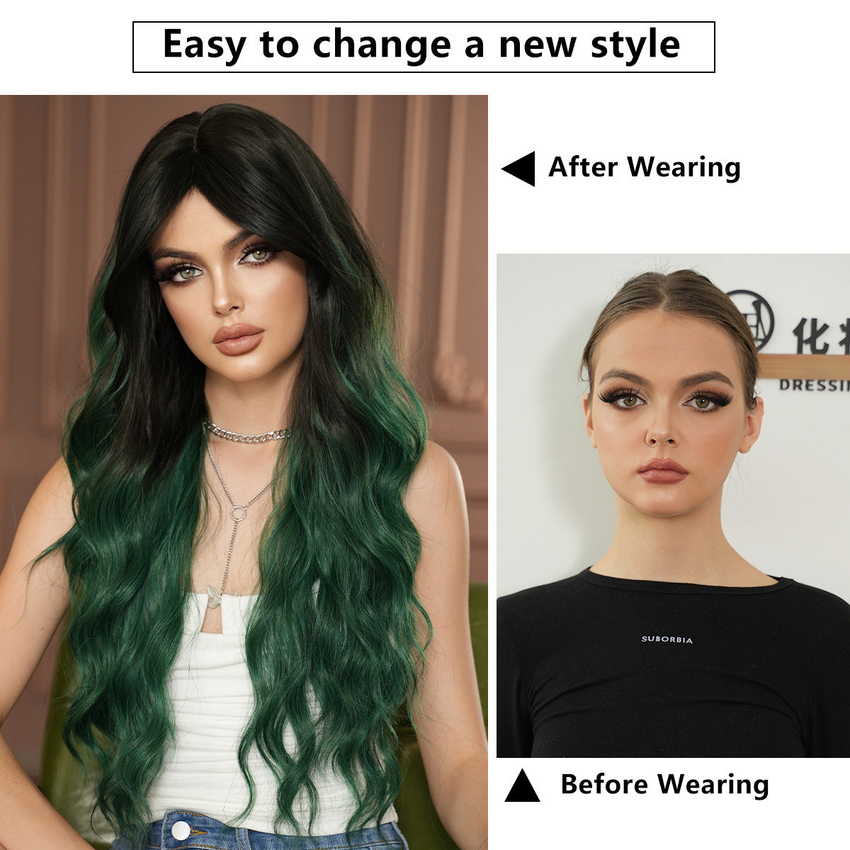 White Smoke Dark Green Gradient Wavy Wig - Subculture Fashion (Curtain Bangs) (FEVERCOS)
