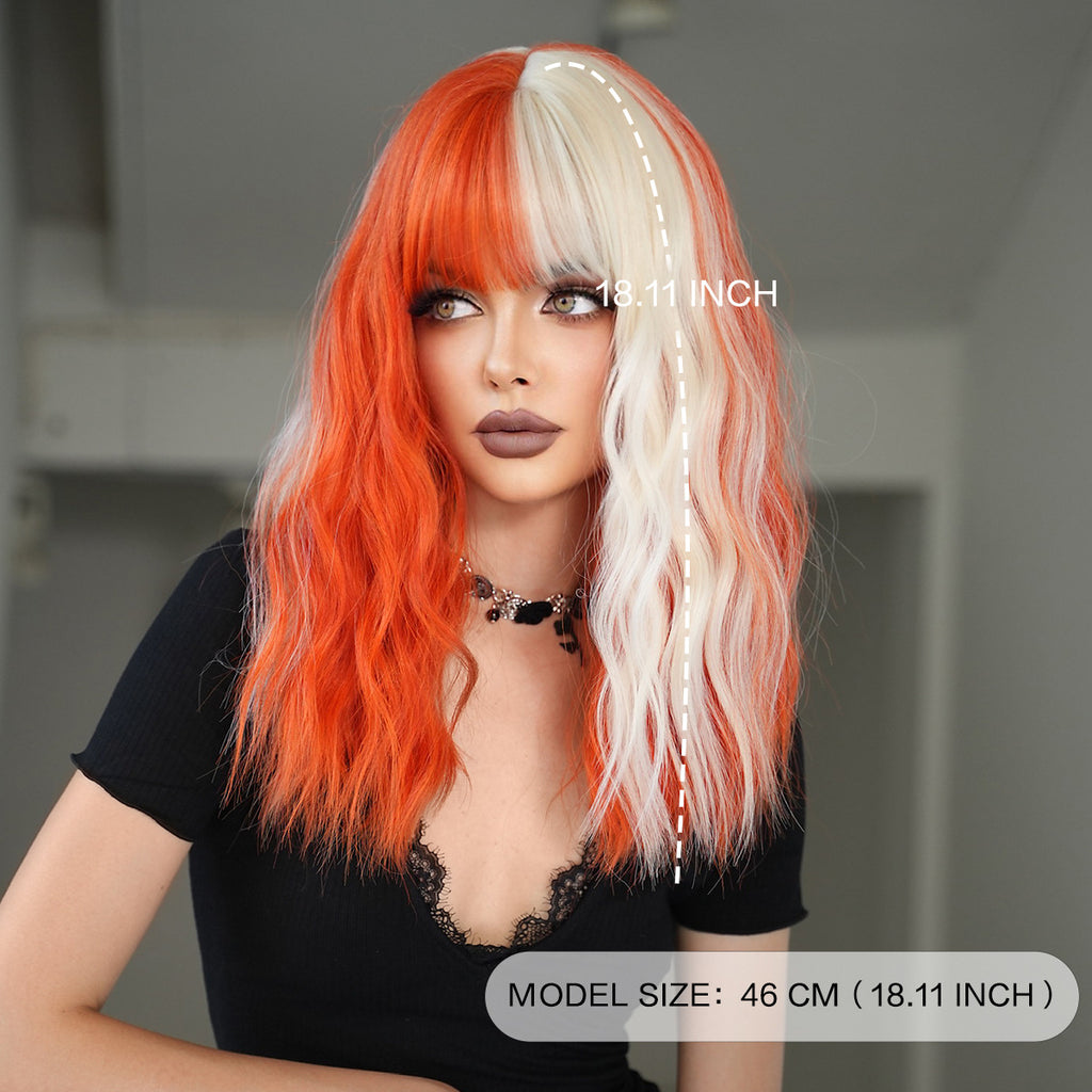 Dim Gray Orange Gold Highlight Wavy Wig - Subculture Fashion (Shoulder Length Bangs) (FEVERCOS)