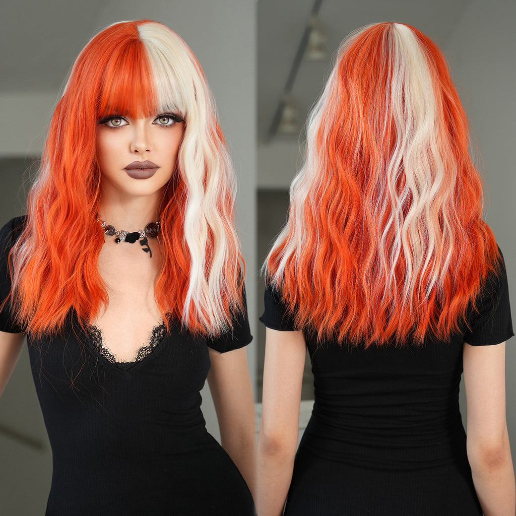 Black Orange Gold Highlight Wavy Wig - Subculture Fashion (Shoulder Length Bangs) (FEVERCOS)