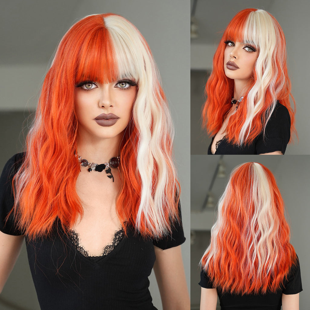 Black Orange Gold Highlight Wavy Wig - Subculture Fashion (Shoulder Length Bangs) (FEVERCOS)
