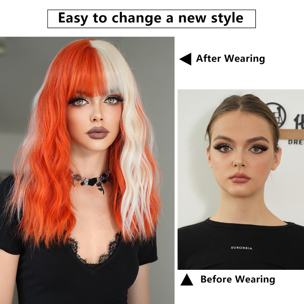 White Smoke Orange Gold Highlight Wavy Wig - Subculture Fashion (Shoulder Length Bangs) (FEVERCOS)
