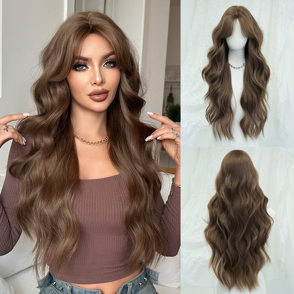 Light Gray Warm Brown Long Wavy Wig - Everyday Fashion (Face Slimming Volume) (FEVERCOS)