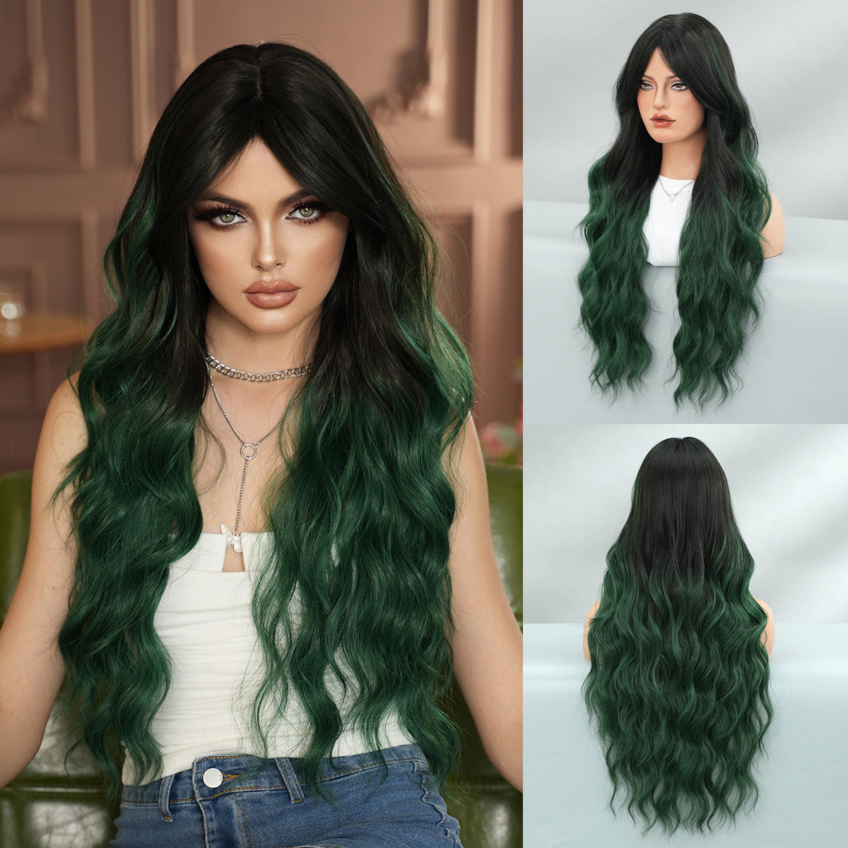 Dark Slate Gray Dark Green Gradient Wavy Wig - Subculture Fashion (Curtain Bangs) (FEVERCOS)
