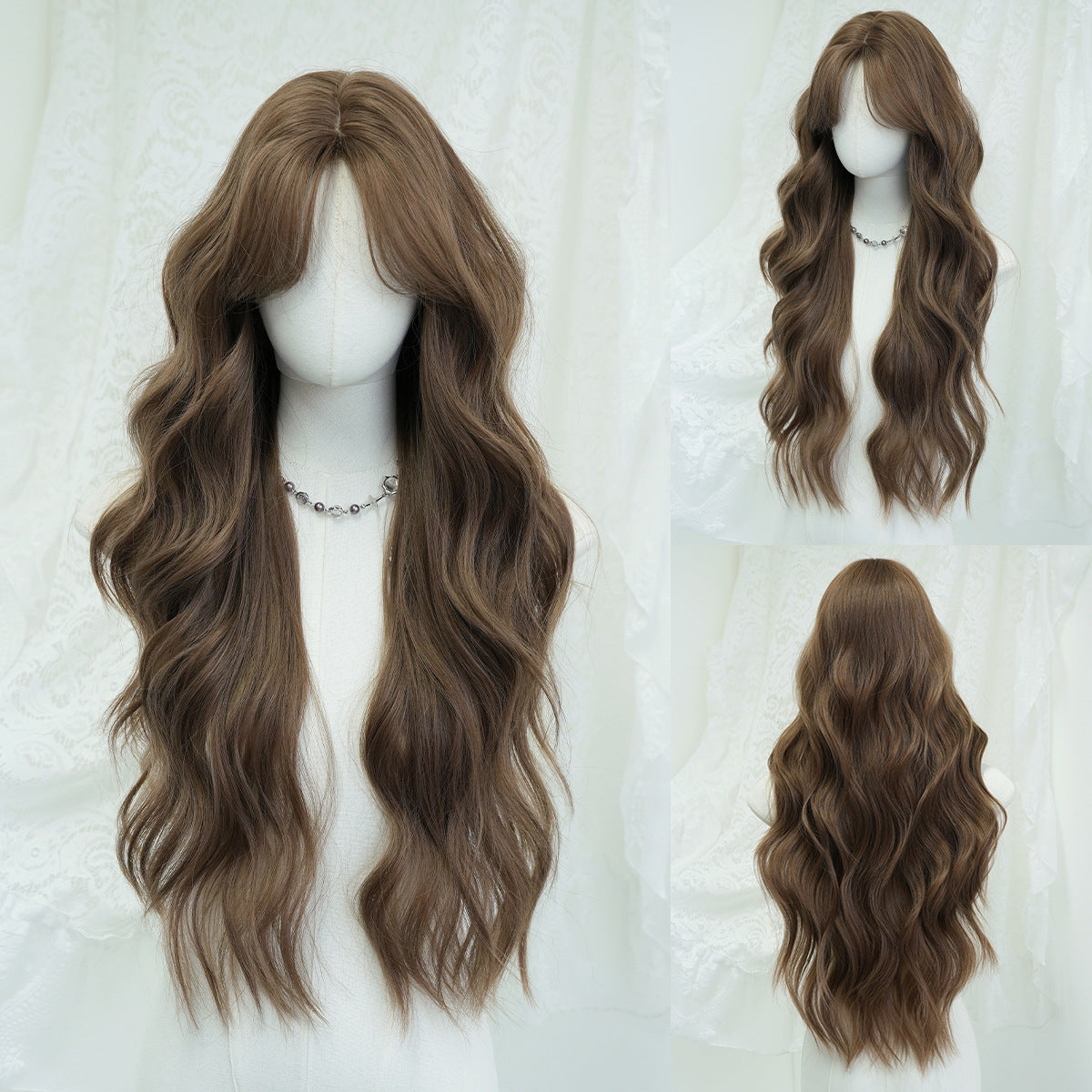 Light Gray Warm Brown Long Wavy Wig - Everyday Fashion (Face Slimming Volume) (FEVERCOS)