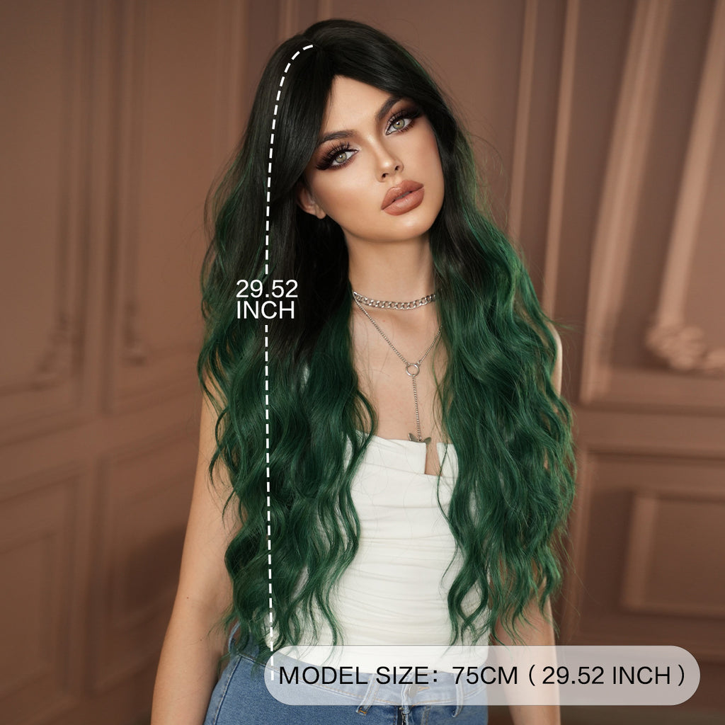 Dim Gray Dark Green Gradient Wavy Wig - Subculture Fashion (Curtain Bangs) (FEVERCOS)