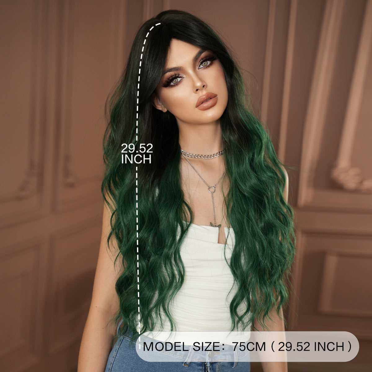 Dim Gray Dark Green Gradient Wavy Wig - Subculture Fashion (Curtain Bangs) (FEVERCOS)