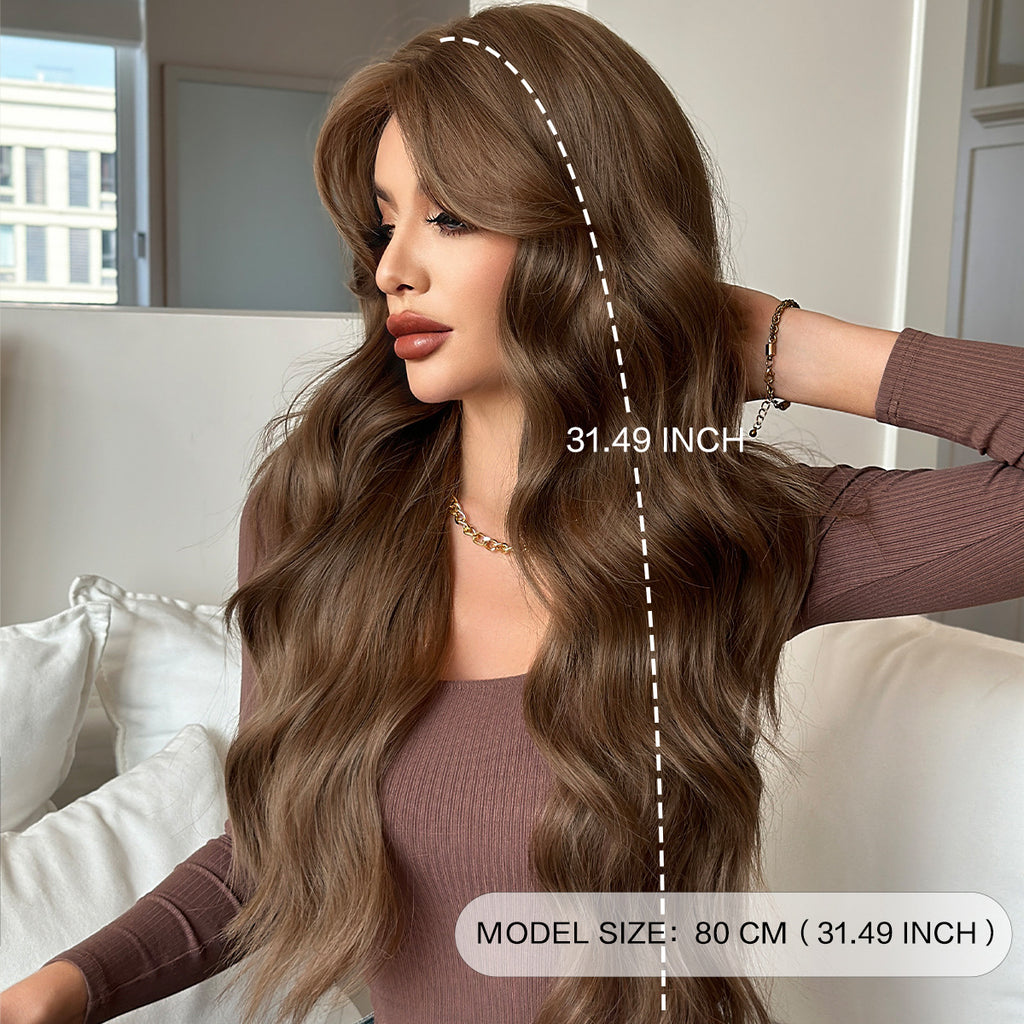 Dark Olive Green Warm Brown Long Wavy Wig - Everyday Fashion (Face Slimming Volume) (FEVERCOS)