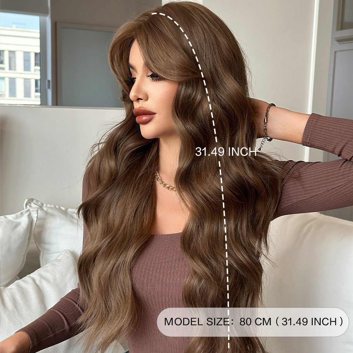 Dark Olive Green Warm Brown Long Wavy Wig - Everyday Fashion (Face Slimming Volume) (FEVERCOS)