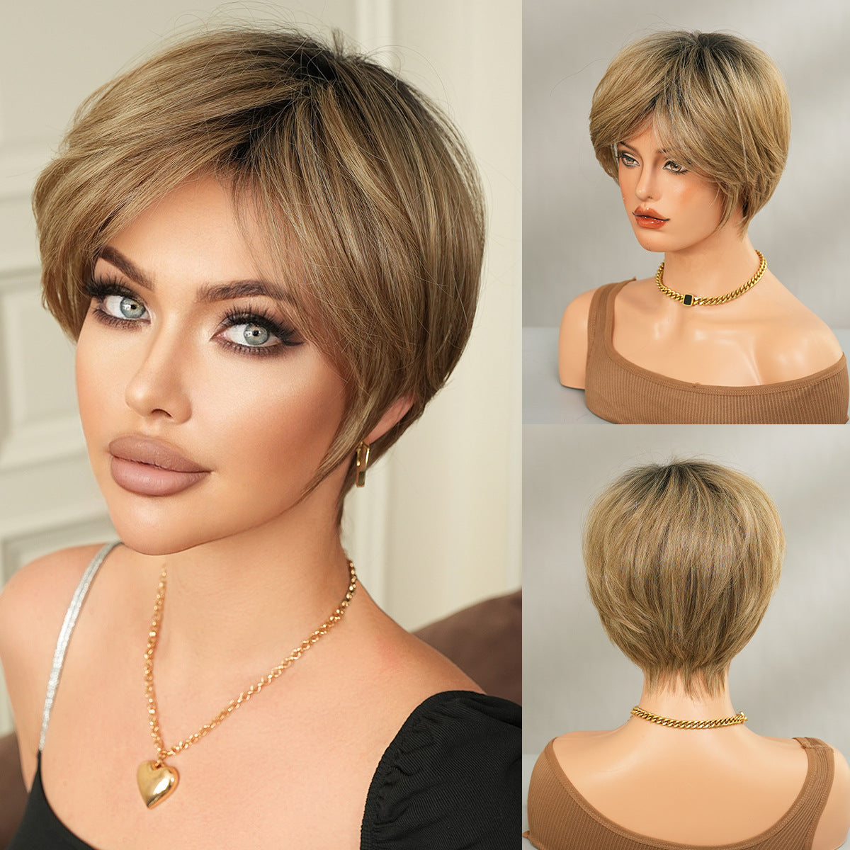 Tan Beige Short Layered Wig - Classic Collection (Matte Side Bangs) (FEVERCOS)