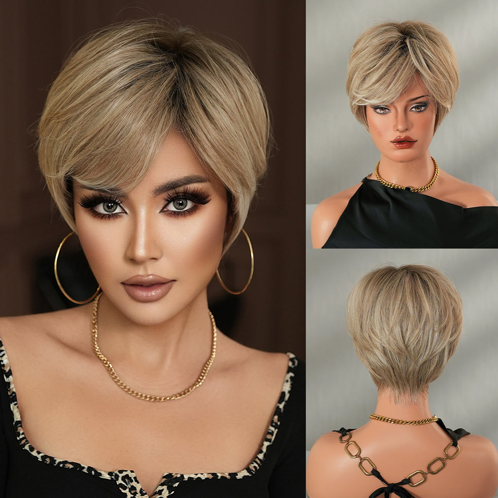 Dark Slate Gray Beige Short Layered Wig - Classic Collection (Matte Side Bangs) (FEVERCOS)