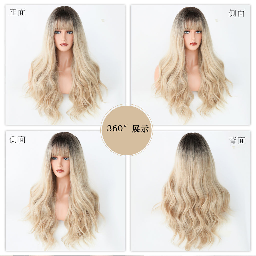 White Smoke Brown Gradient Layered Wavy Wig - Everyday Fashion (Soft Bangs) (FEVERCOS)