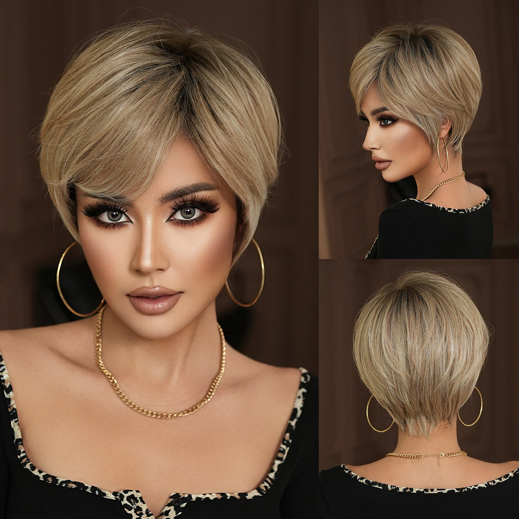 Dark Slate Gray Beige Short Layered Wig - Classic Collection (Matte Side Bangs) (FEVERCOS)