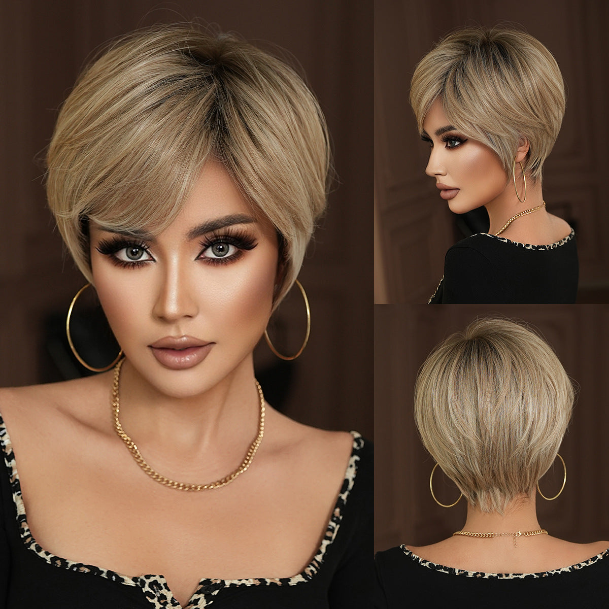 Dark Slate Gray Beige Short Layered Wig - Classic Collection (Matte Side Bangs) (FEVERCOS)