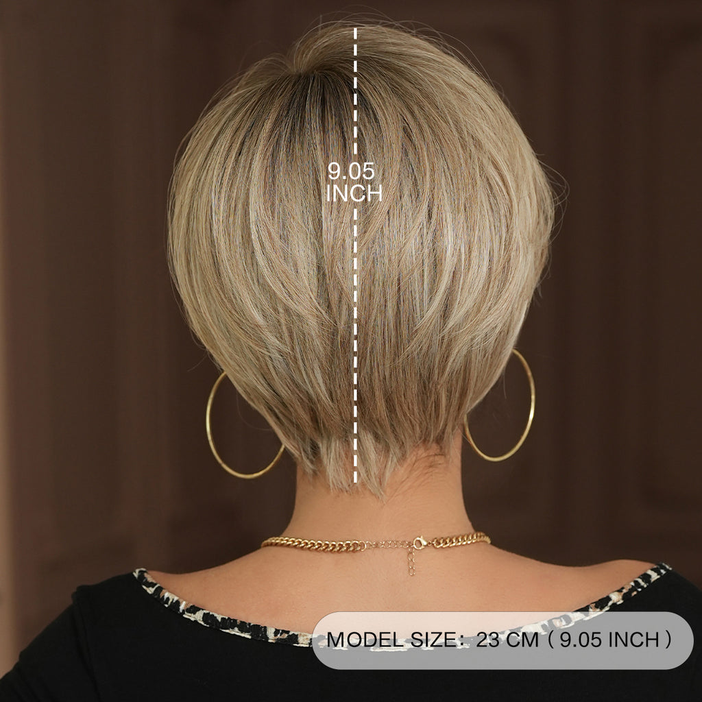 Dark Slate Gray Beige Short Layered Wig - Classic Collection (Matte Side Bangs) (FEVERCOS)