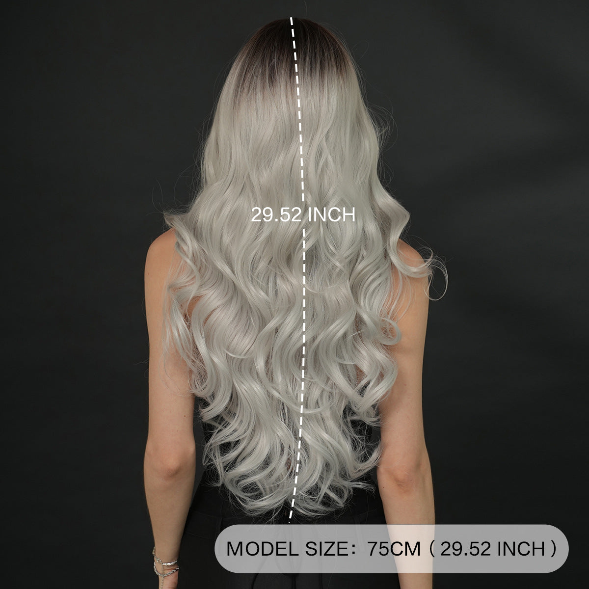 Dark Slate Gray Silver Grey Wavy Wig - Subculture Fashion (Gothic Curtain Bangs) (FEVERCOS)