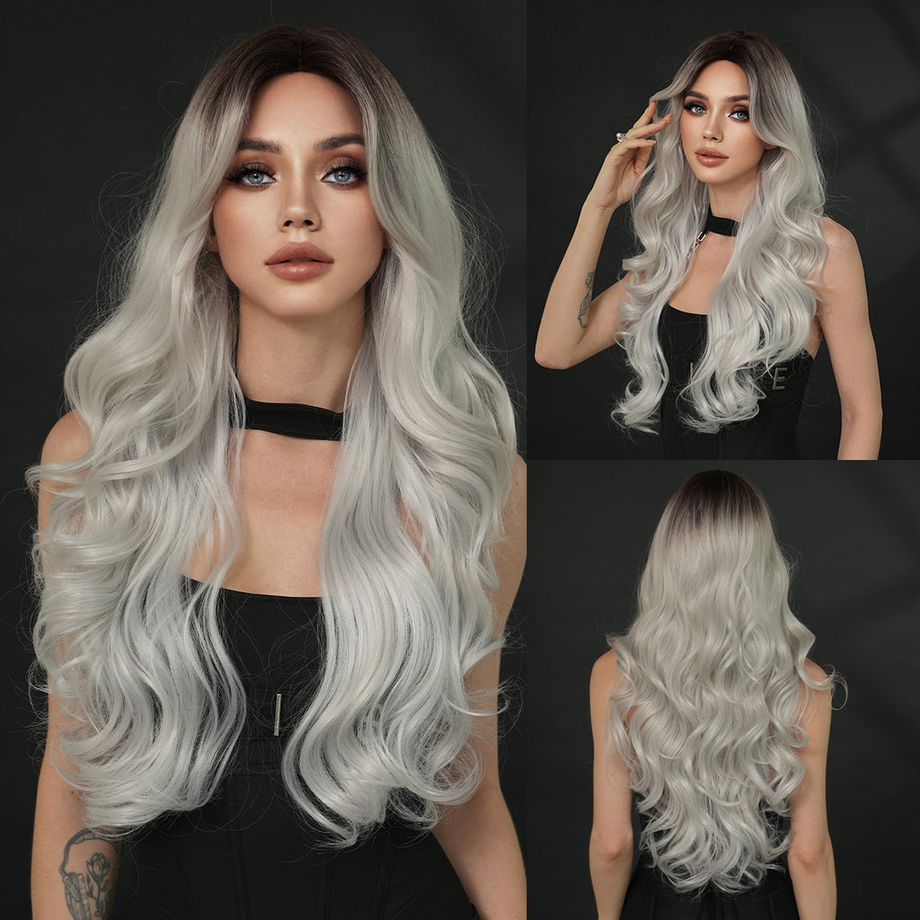 Black Silver Grey Wavy Wig - Subculture Fashion (Gothic Curtain Bangs) (FEVERCOS)