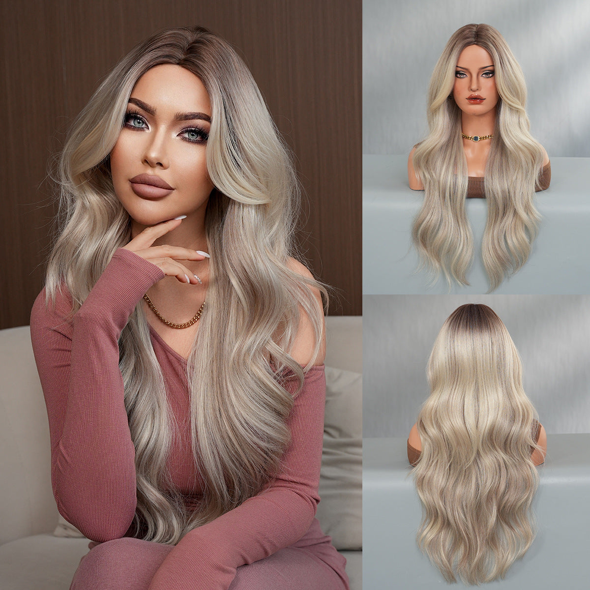 Dark Gray Silver Grey Wavy Wig - Subculture Fashion (Gothic Curtain Bangs) (FEVERCOS)