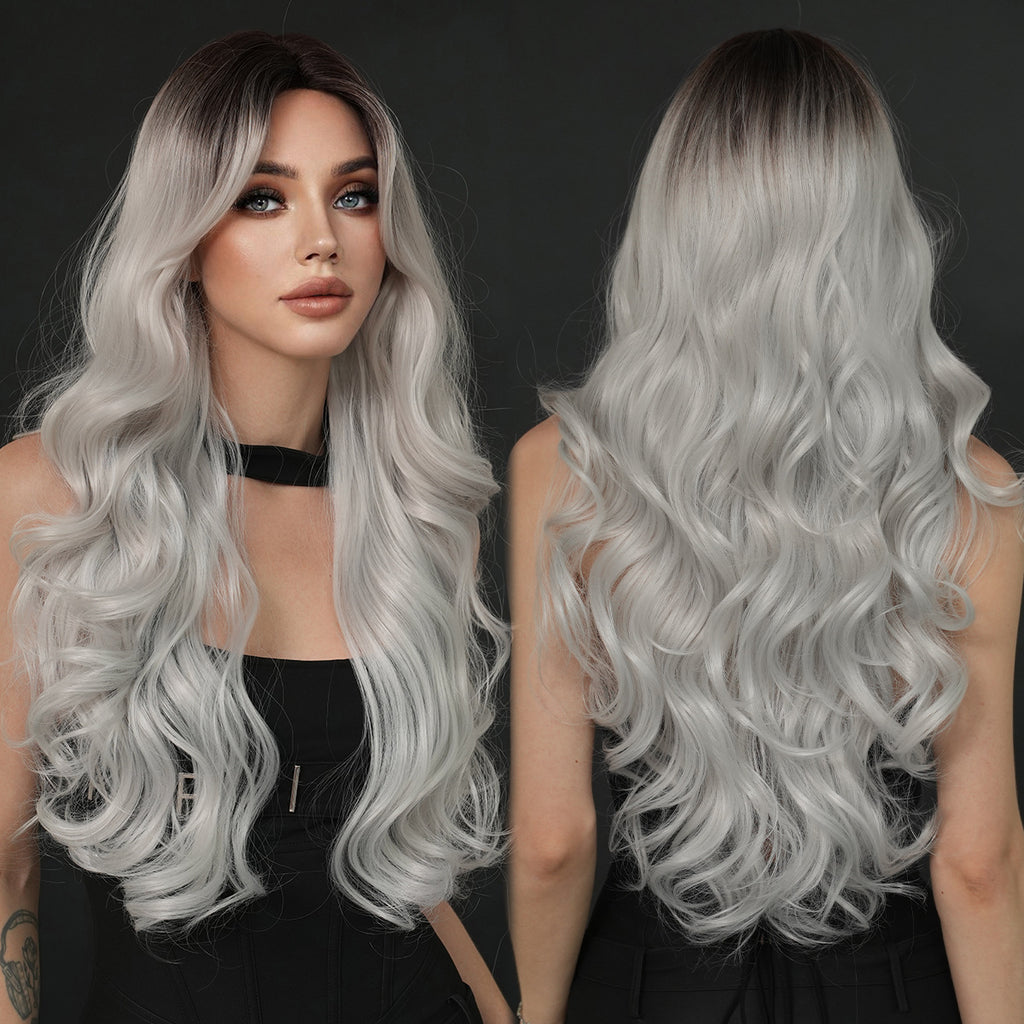 Dark Slate Gray Silver Grey Wavy Wig - Subculture Fashion (Gothic Curtain Bangs) (FEVERCOS)