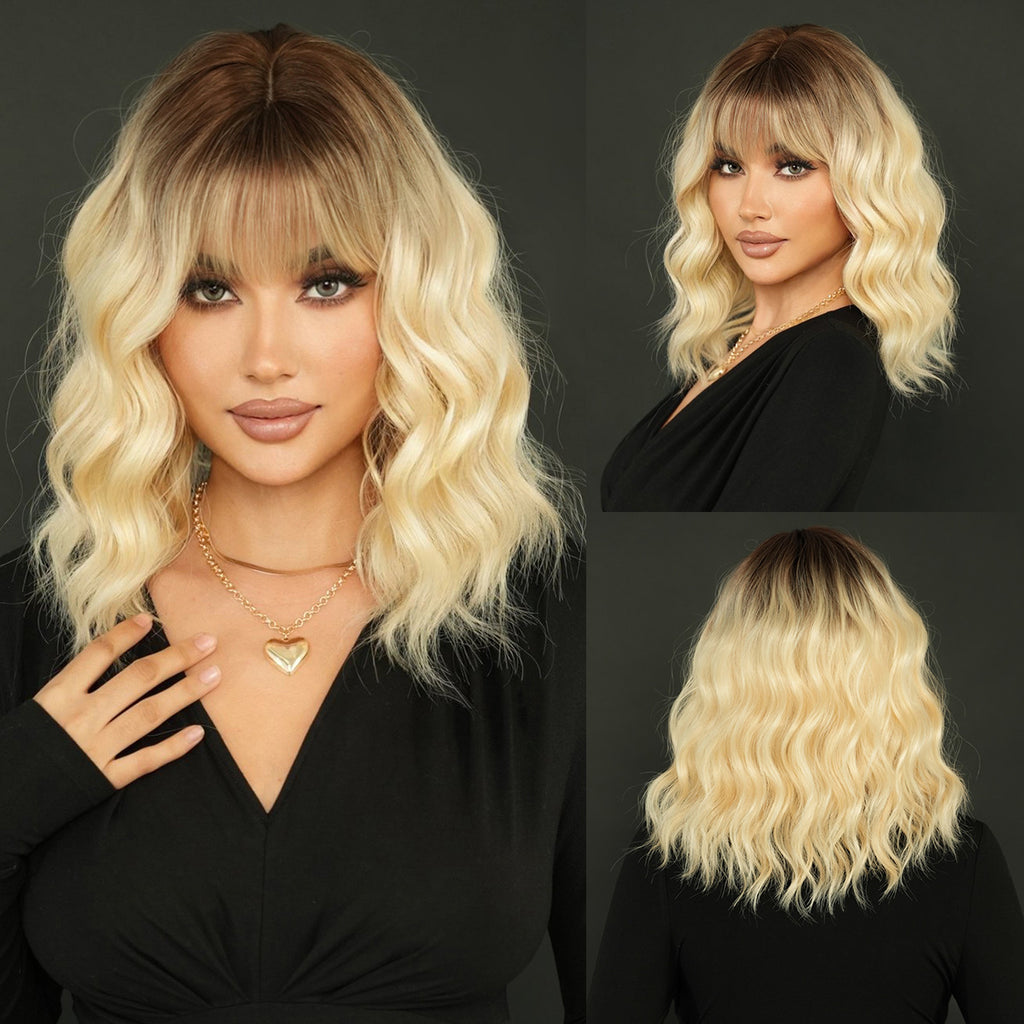 Black Gradient Blonde Shoulder Wavy Wig - Urban Fashion (Root Dye Bangs) (FEVERCOS)