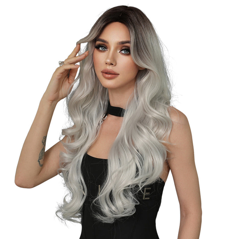 White Smoke Silver Grey Wavy Wig - Subculture Fashion (Gothic Curtain Bangs) (FEVERCOS)
