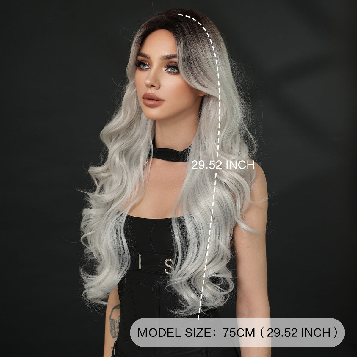 Dark Slate Gray Silver Grey Wavy Wig - Subculture Fashion (Gothic Curtain Bangs) (FEVERCOS)