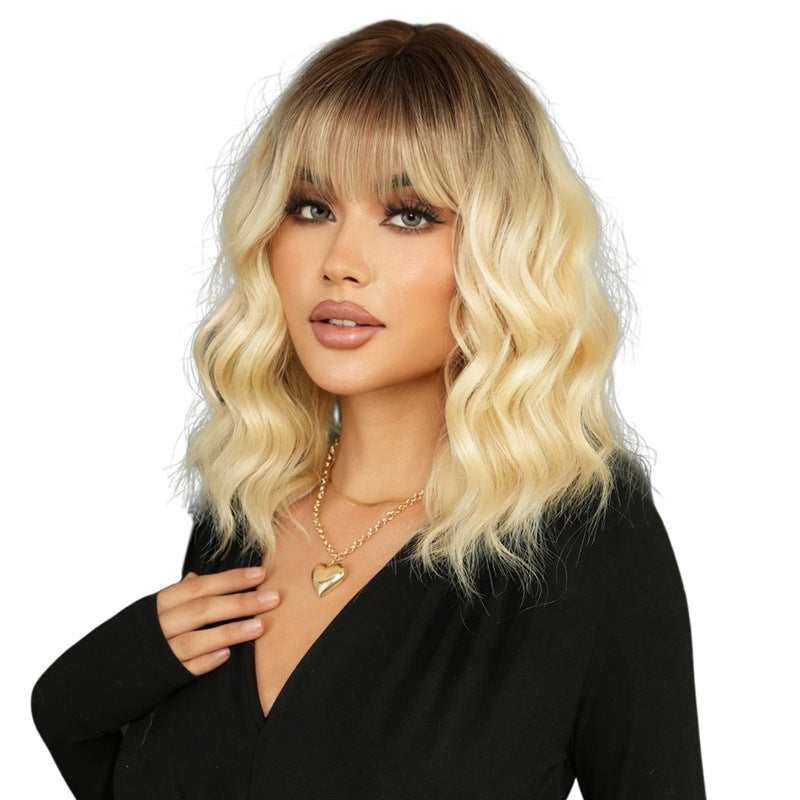 White Smoke Gradient Blonde Shoulder Wavy Wig - Urban Fashion (Root Dye Bangs) (FEVERCOS)