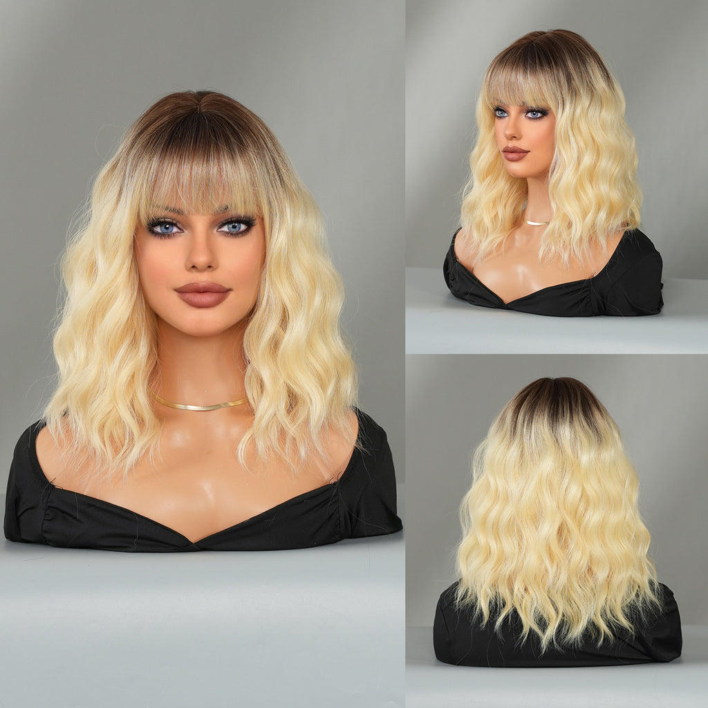 Light Slate Gray Gradient Blonde Shoulder Wavy Wig - Urban Fashion (Root Dye Bangs) (FEVERCOS)
