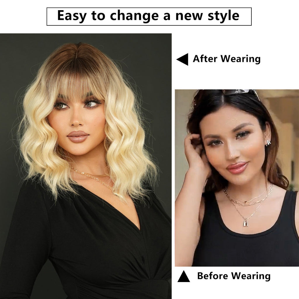 White Smoke Gradient Blonde Shoulder Wavy Wig - Urban Fashion (Root Dye Bangs) (FEVERCOS)