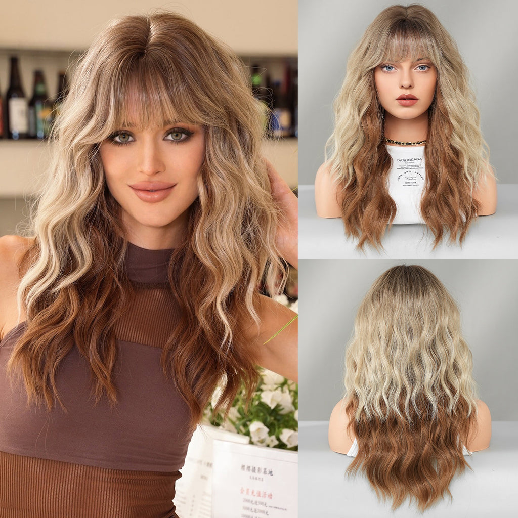 Dark Olive Green Beige Highlight Long Wavy Wig - Everyday Fashion (Fluffy Brown Base) (FEVERCOS)