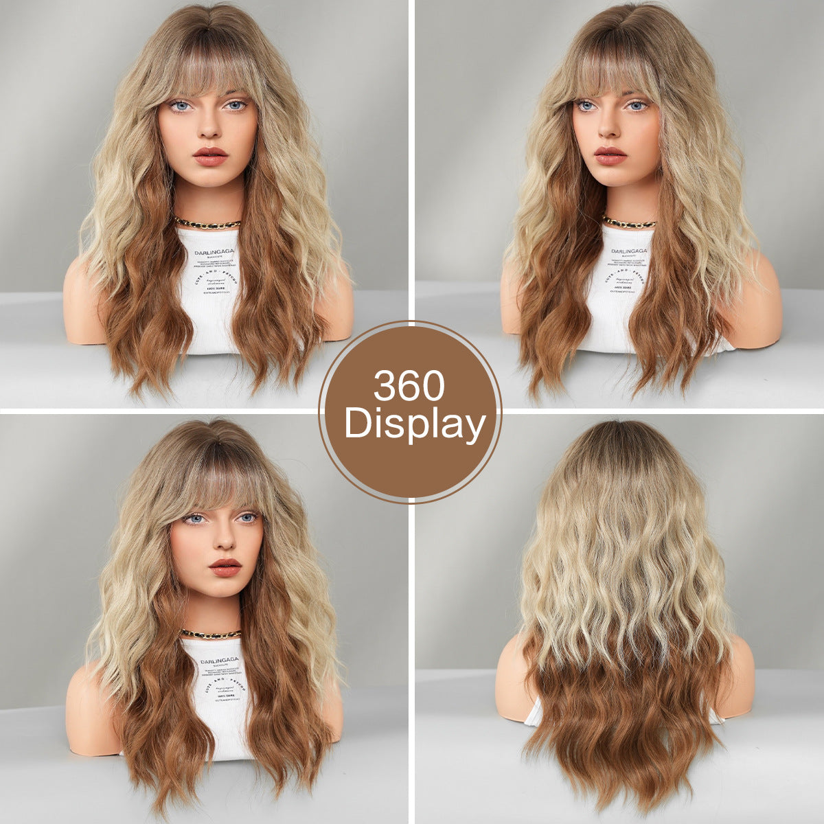 Gray Beige Highlight Long Wavy Wig - Everyday Fashion (Fluffy Brown Base) (FEVERCOS)