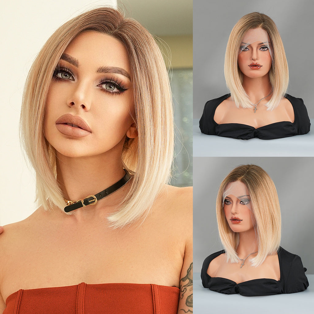 Dark Gray Gradient Blonde Lace Bob Wig - Elite Lace Fronts (French Bob) (FEVERCOS)