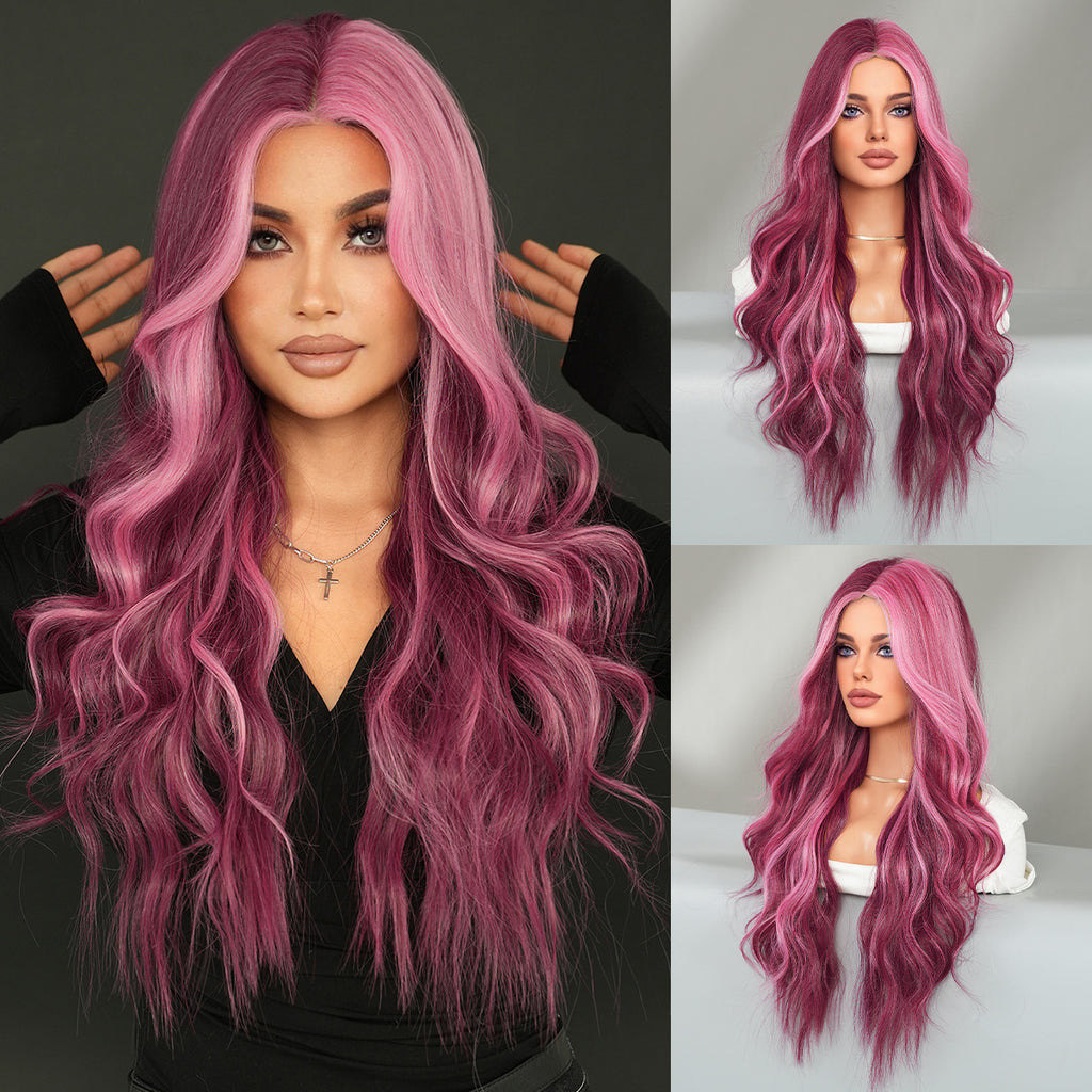 Dark Slate Gray Starry Purple Highlight Lace Wig - Elite Lace Fronts (Middle Part Curly) (FEVERCOS)