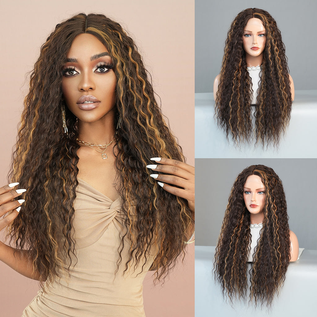 Dark Gray Deep Curly Brown Highlight Lace Wig - Elite Lace Fronts (T-Part Long) (FEVERCOS)