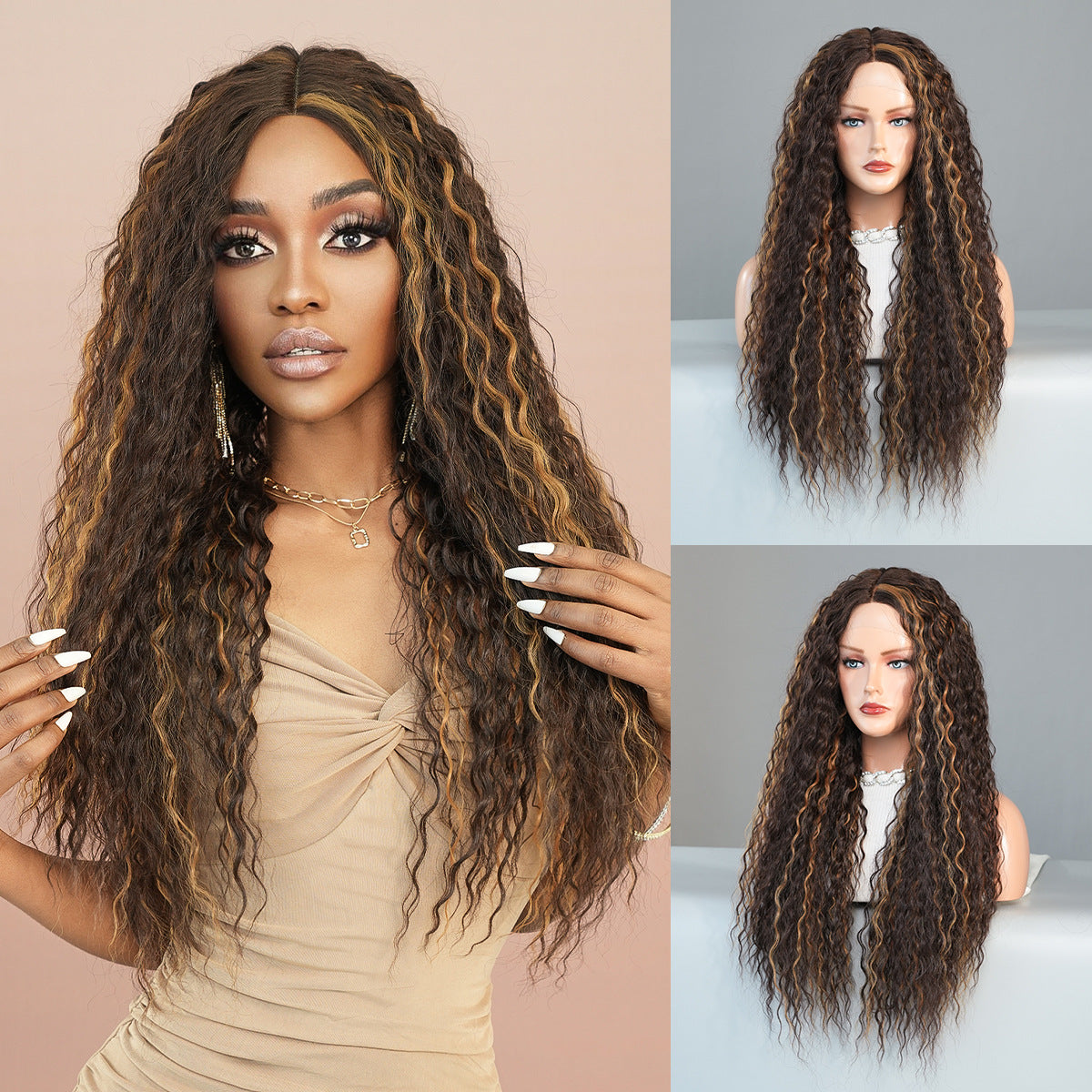 Dark Gray Deep Curly Brown Highlight Lace Wig - Elite Lace Fronts (T-Part Long) (FEVERCOS)