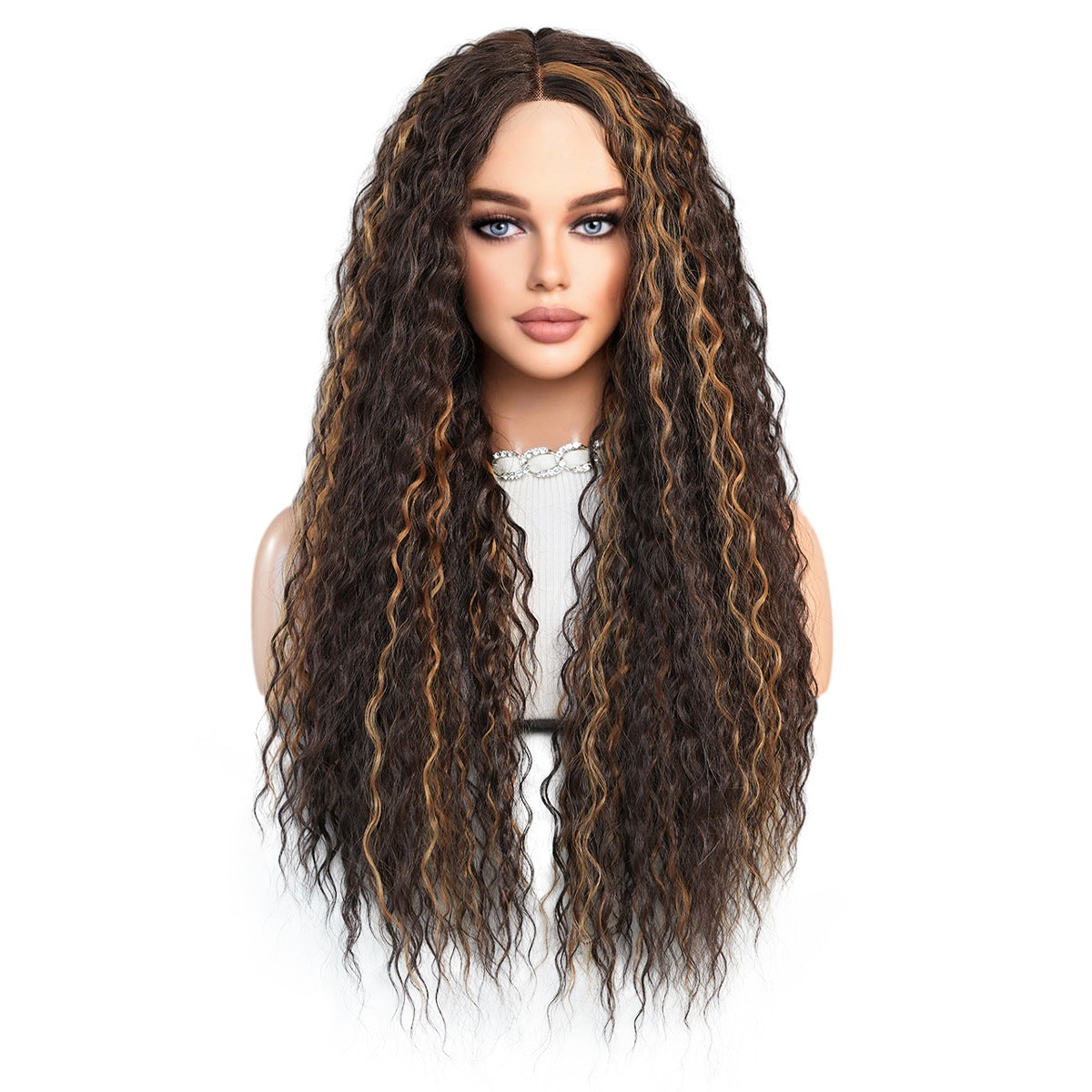 White Smoke Deep Curly Brown Highlight Lace Wig - Elite Lace Fronts (T-Part Long) (FEVERCOS)