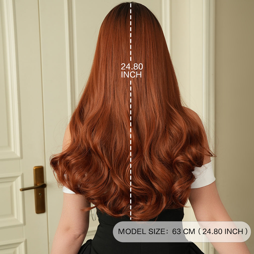 Gray Copper Brown Wavy Wig - Everyday Fashion (Fluffy Blunt Bangs) (FEVERCOS)