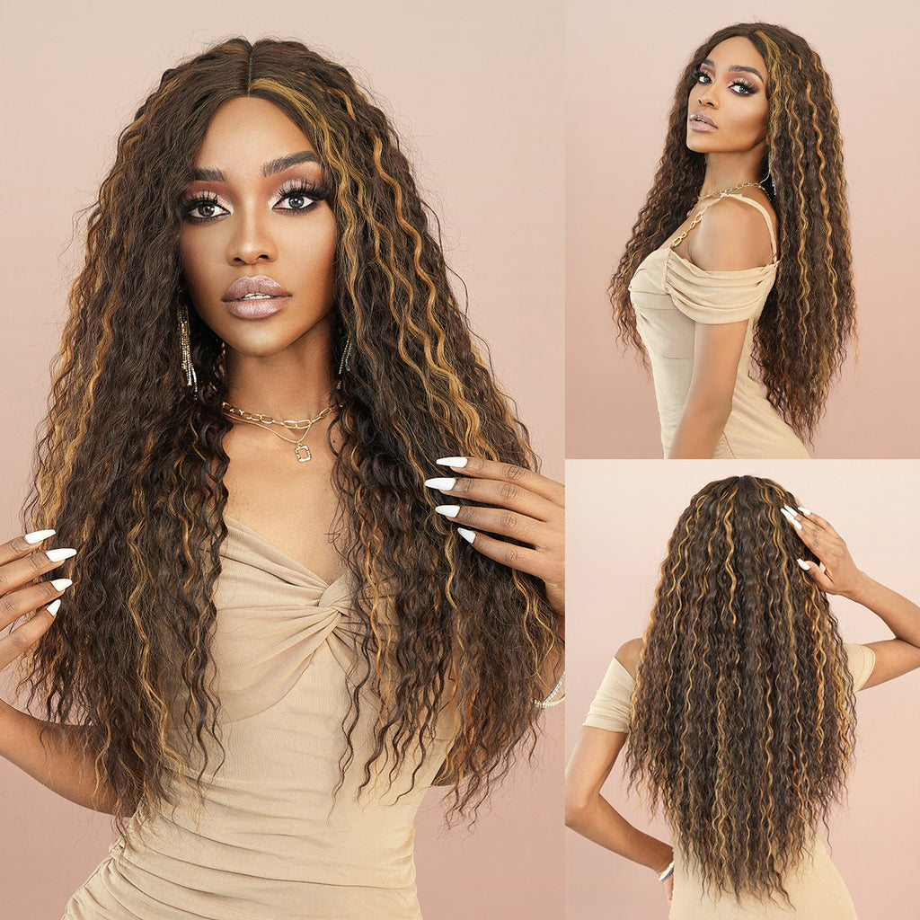 Wheat Deep Curly Brown Highlight Lace Wig - Elite Lace Fronts (T-Part Long) (FEVERCOS)