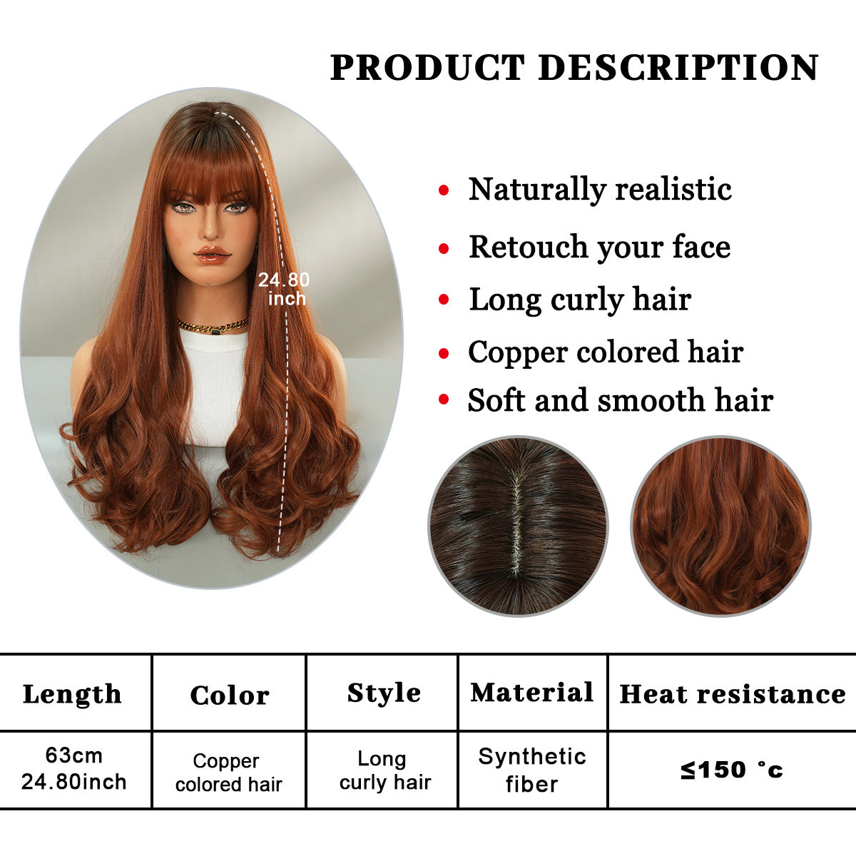 White Smoke Copper Brown Wavy Wig - Everyday Fashion (Fluffy Blunt Bangs) (FEVERCOS)
