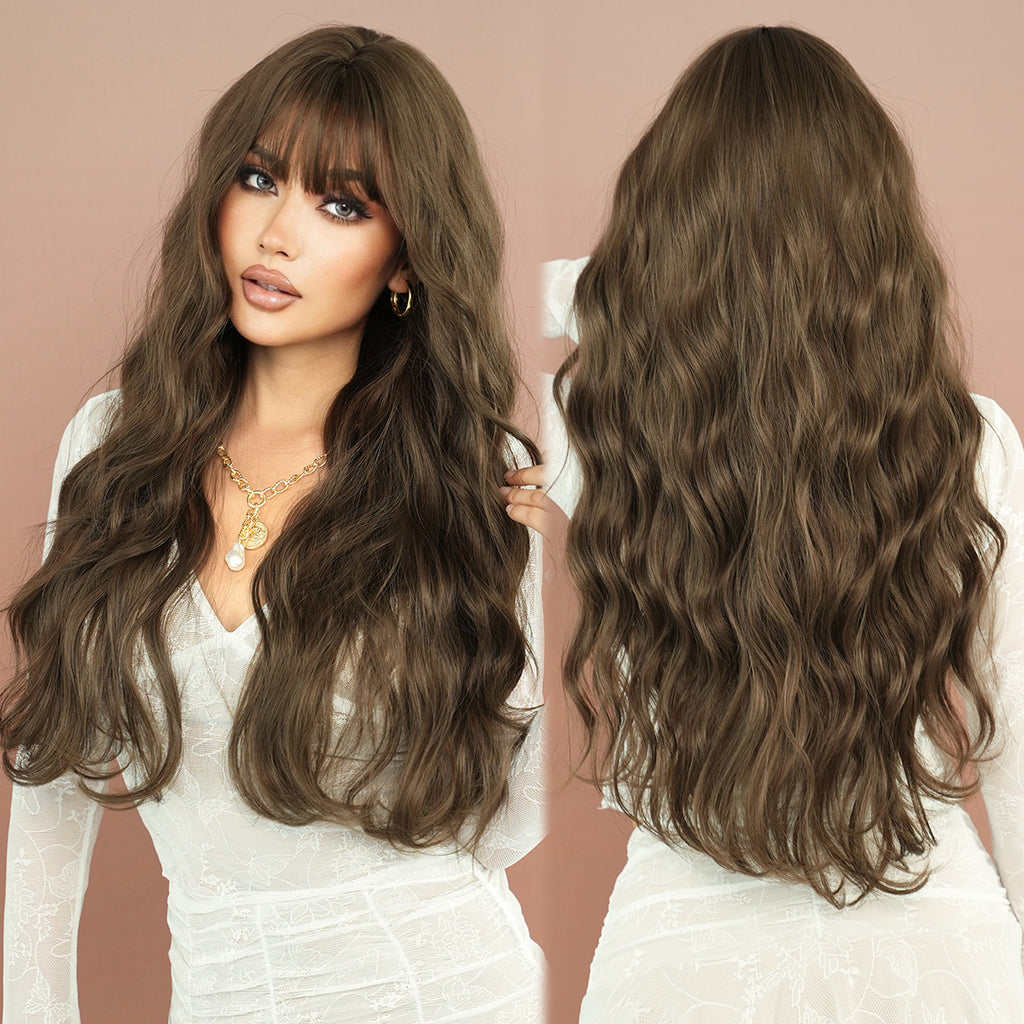 Dark Olive Green 30-Inch Super Long Brown Wavy Wig - Everyday Fashion (Voluminous Bangs) (FEVERCOS)