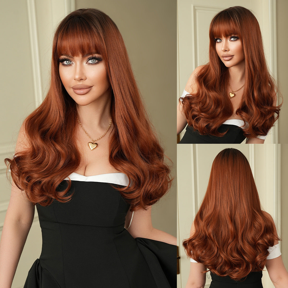 Black Copper Brown Wavy Wig - Everyday Fashion (Fluffy Blunt Bangs) (FEVERCOS)