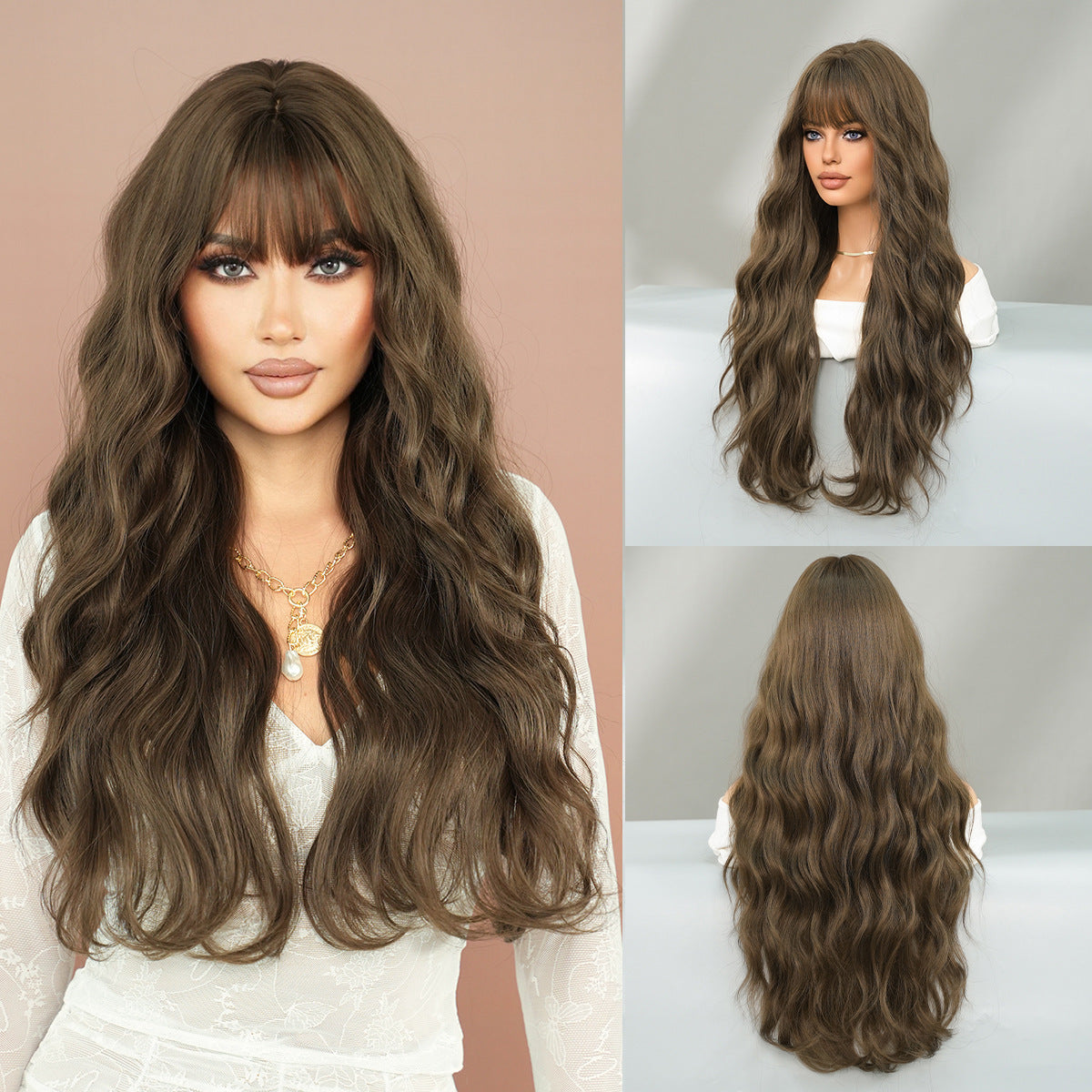 Dark Gray 30-Inch Super Long Brown Wavy Wig - Everyday Fashion (Voluminous Bangs) (FEVERCOS)