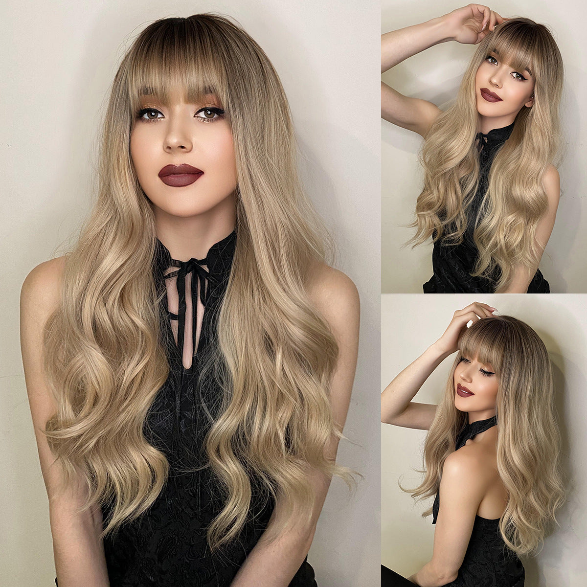 Light Gray Brown Gradient Layered Wavy Wig - Everyday Fashion (Soft Bangs) (FEVERCOS)
