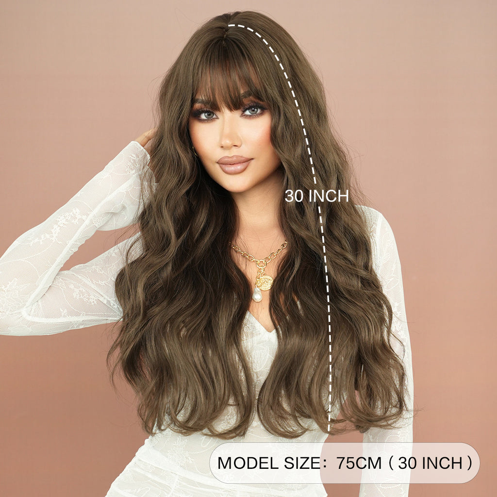 Tan 30-Inch Super Long Brown Wavy Wig - Everyday Fashion (Voluminous Bangs) (FEVERCOS)