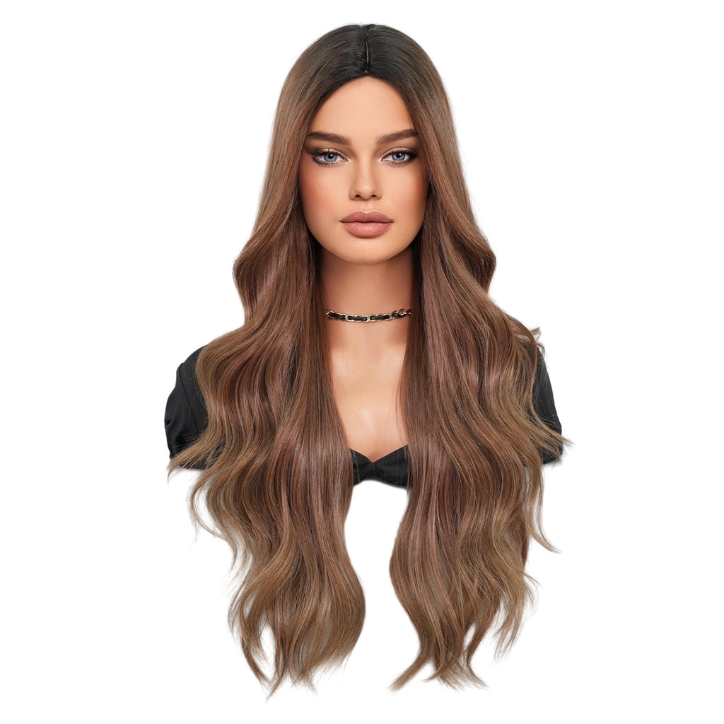 White Smoke Ombre Brown Long Wavy Wig - Everyday Fashion (Middle Part) (FEVERCOS)