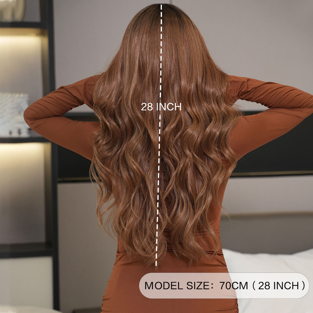 Dark Olive Green Ombre Brown Long Wavy Wig - Everyday Fashion (Middle Part) (FEVERCOS)