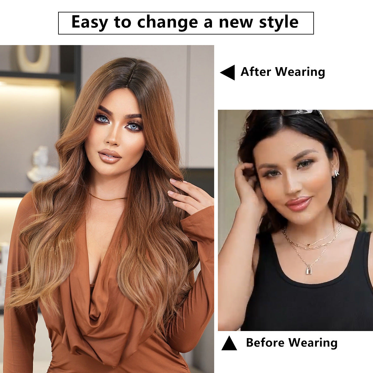White Smoke Ombre Brown Long Wavy Wig - Everyday Fashion (Middle Part) (FEVERCOS)