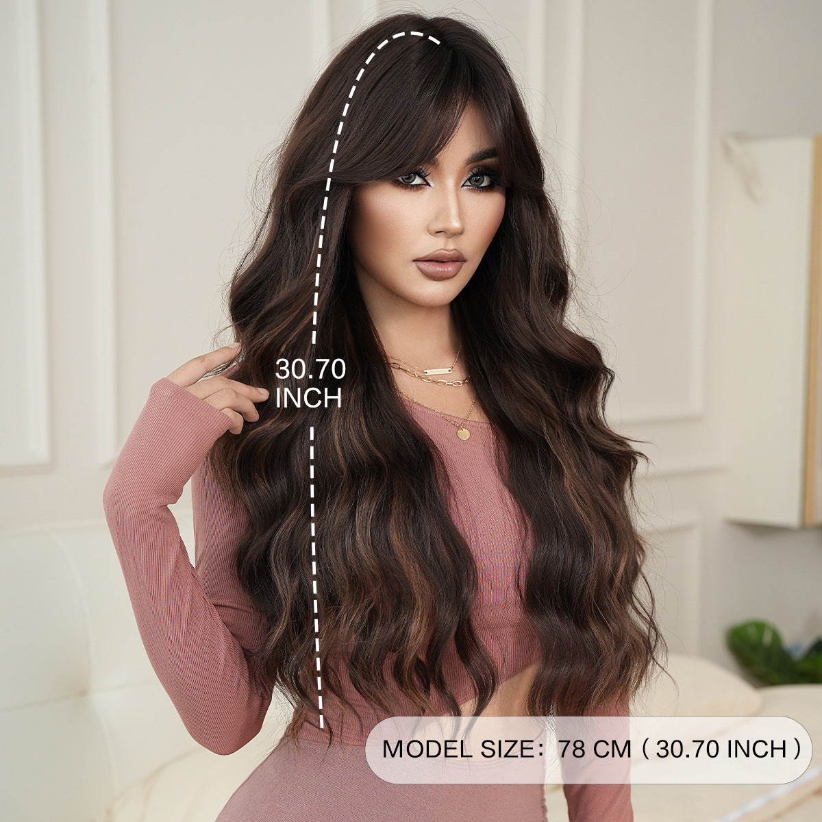 Gray Coffee Brown Gold Highlight Wavy Wig - Street Fashion (Curtain Bangs) (FEVERCOS)
