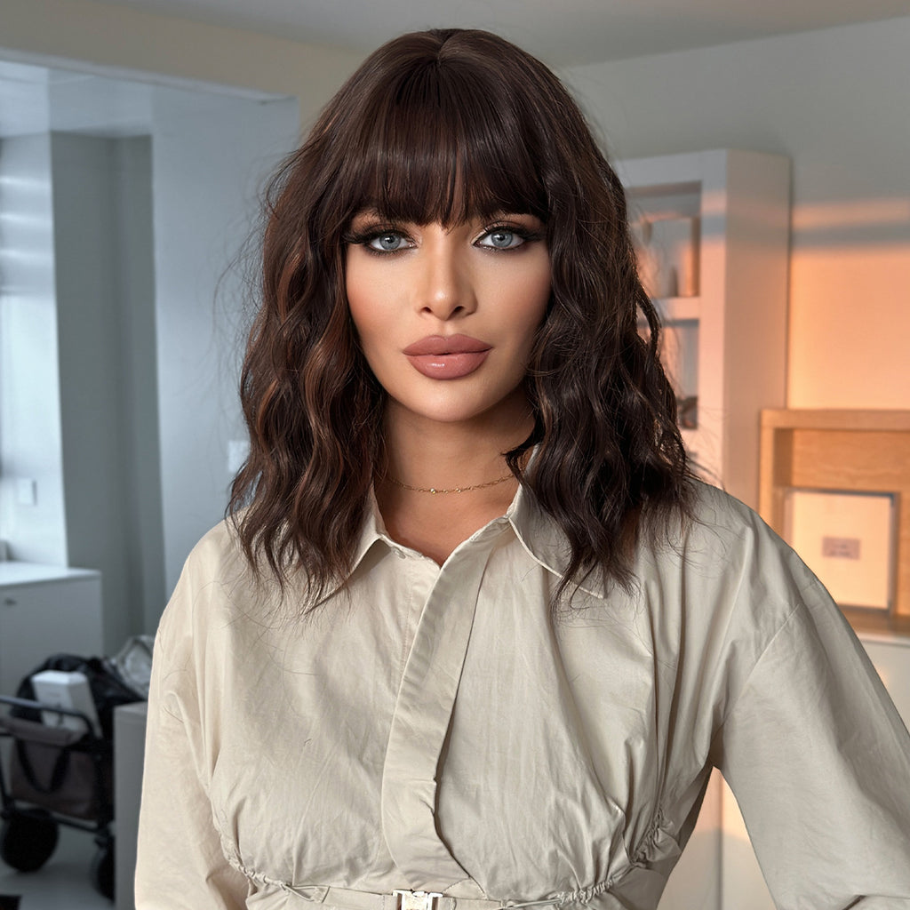 Dim Gray Dark Brown Retro Bob Wig - Vintage Collection (Collarbone Curly Bangs) (FEVERCOS)