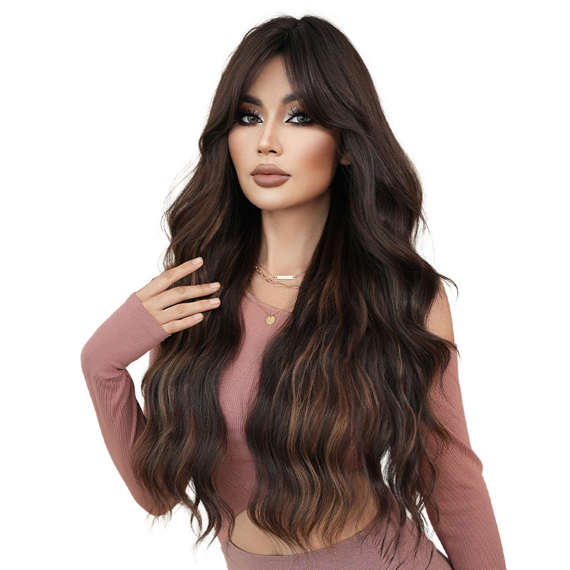 White Smoke Coffee Brown Gold Highlight Wavy Wig - Street Fashion (Curtain Bangs) (FEVERCOS)