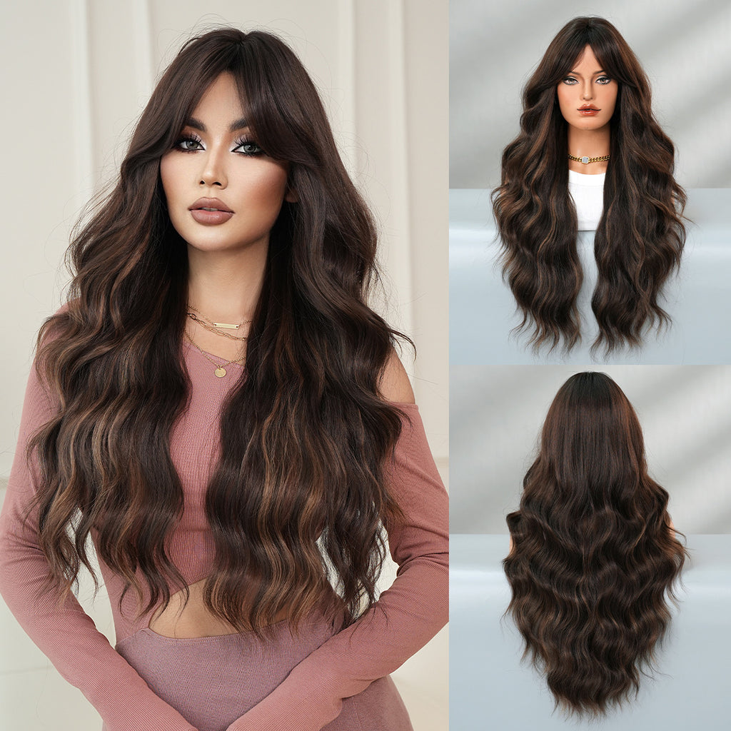 Light Gray Coffee Brown Gold Highlight Wavy Wig - Street Fashion (Curtain Bangs) (FEVERCOS)